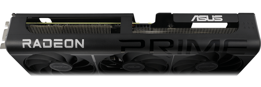 Vista en ángulo desde arriba hacia abajo del ángulo del héroe de la tarjeta gráfica Prime Radeon RX 9060 XT