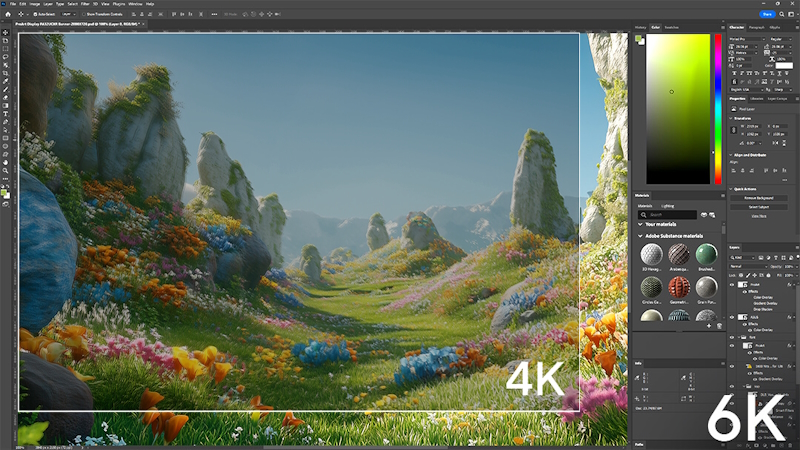 A digital art software interface shows a vibrant 3D landscape with colorful flowers and towering rock formations. A side-by-side comparison of a 4K and 6K image on a computer screen, showing the difference working area in detail.