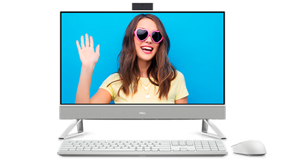Imagen de una todo en uno Dell Inspiron 24 5410 blanca con una mujer que usa gafas de sol rosadas con forma de corazón en la pantalla.