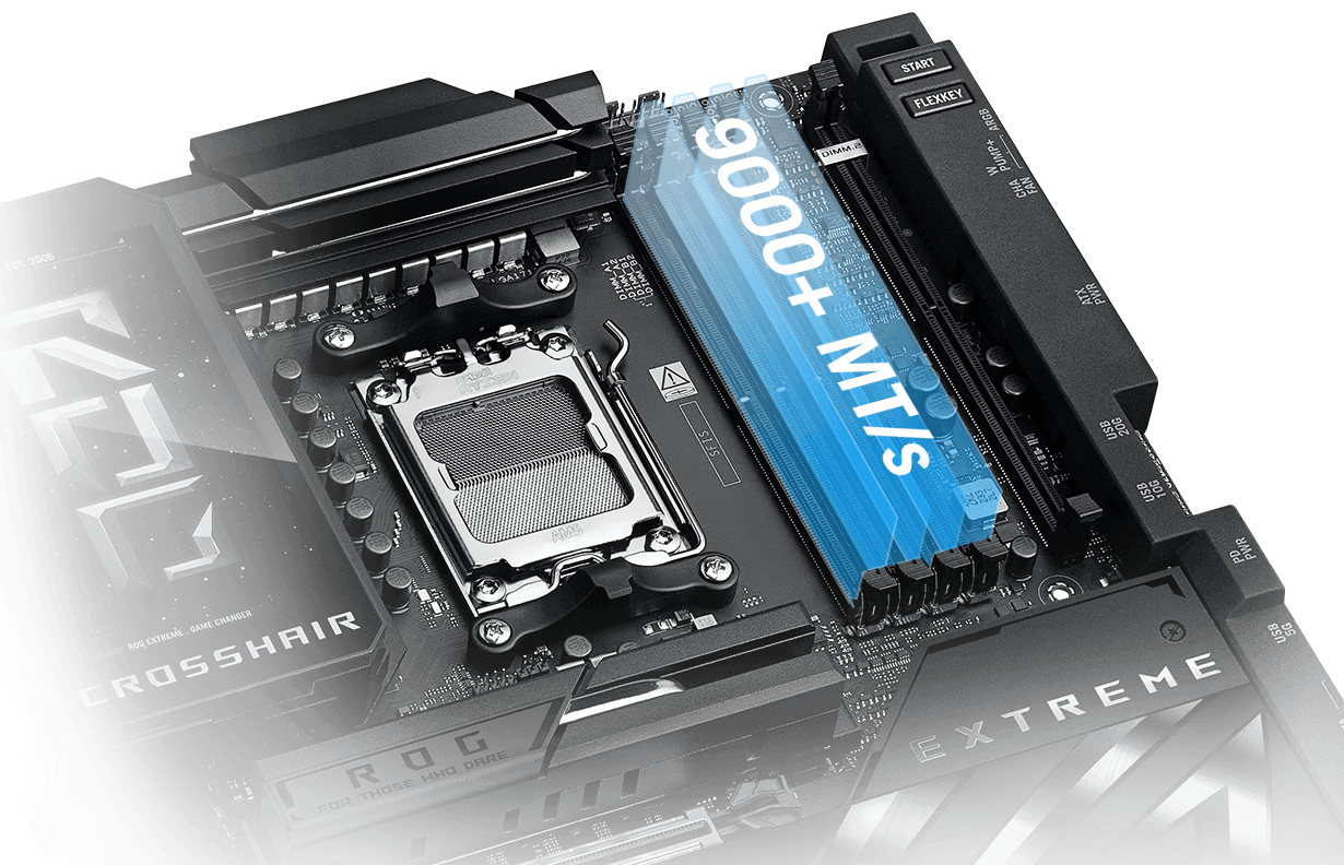 Mit dem ROG Crosshair X870E Extreme kannst du den Arbeitsspeicher auf bis zu 8600+ MT/s übertakten