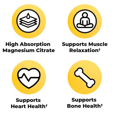 Magie citrate hấp thụ cao. Hỗ trợ thư giãn cơ bắp. Hỗ trợ sức khỏe tim mạch. Hỗ trợ sức khỏe xương khớp.
