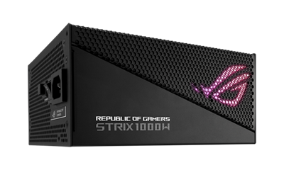 Side angle showing the aluminum case of ROG Strix 1000W Gold Aura Edition