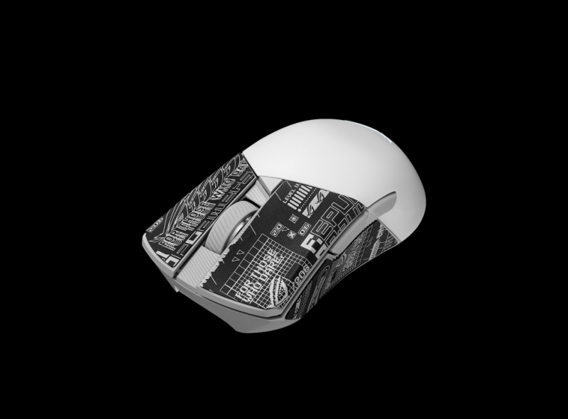Folie {0} von {1}, Vergrößern, ROG Gladius III Wireless AimPoint White –angled side view with mouse grip tape