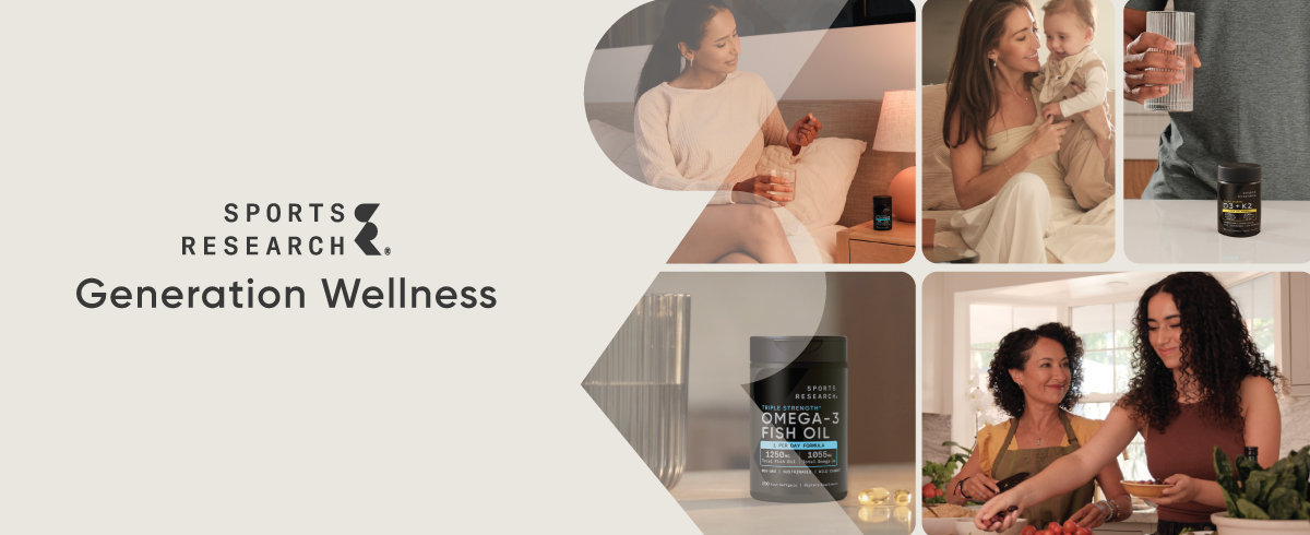 Image that reads Sports Research, Generation Wellness with a collage consisting of a woman sitting on a bed with a glass of water and an L-theanine softgel, a woman and her baby, a person holding a glass of water with a bottle of D3K2 on the counter, a bottle of Omega-3 Fish Oil with a glass of water and some softgels, and a mother and daughter in the kitchen preparing food.