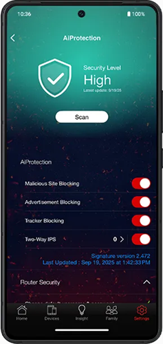 The smartphone screens display the ASUS AiProtection security app an overall security status of High.