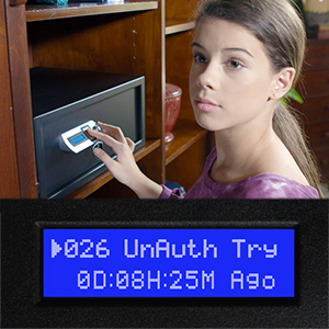 Girl attempting to open a Verifi Smart Safe S6000 with sample LCD alert at bottom of image