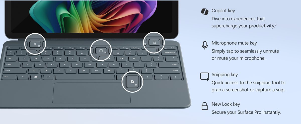 Copilot key. Dive into AI experiences by tapping the Copilot key or quickly secure Surface Pro with the new lock key.Microphone mute key. Simply tap to seamlessly unmute or mute your microphone.Snipping key. Quick access to the snipping tool to grab a screenshot or capture a snip. New Lock key. Secure your Surface Pro instantly.