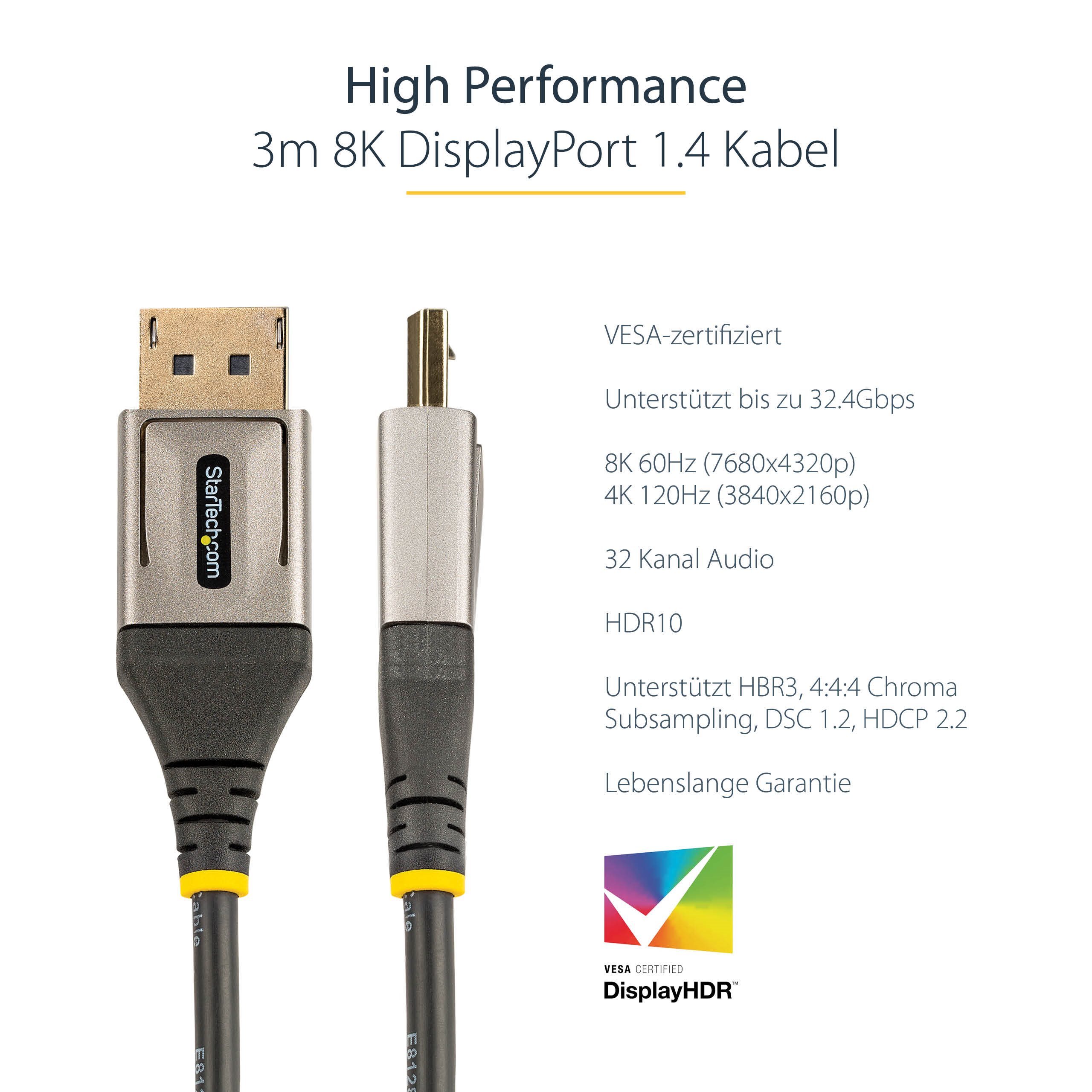 folie 2 von 7, vergrößern, 3m vesa-zertifiziertes displayport 1.4 kabel - 8k 60hz hdr10 mst - ultra hd 4k 120hz video - dp 1.4 monitorkabel - für monitore/displays - dp zu dp kabel - m/m (dp14vmm3m)
