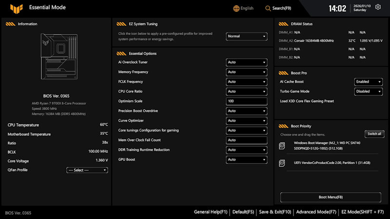 Die Benutzeroberfläche des ASUS UEFI BIOS Essential Mode, die das Benutzer-Dashboard zeigt.