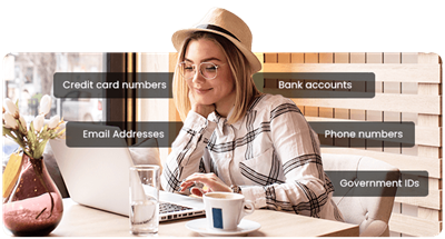 Women at a coffee shop with all her personal information around her face