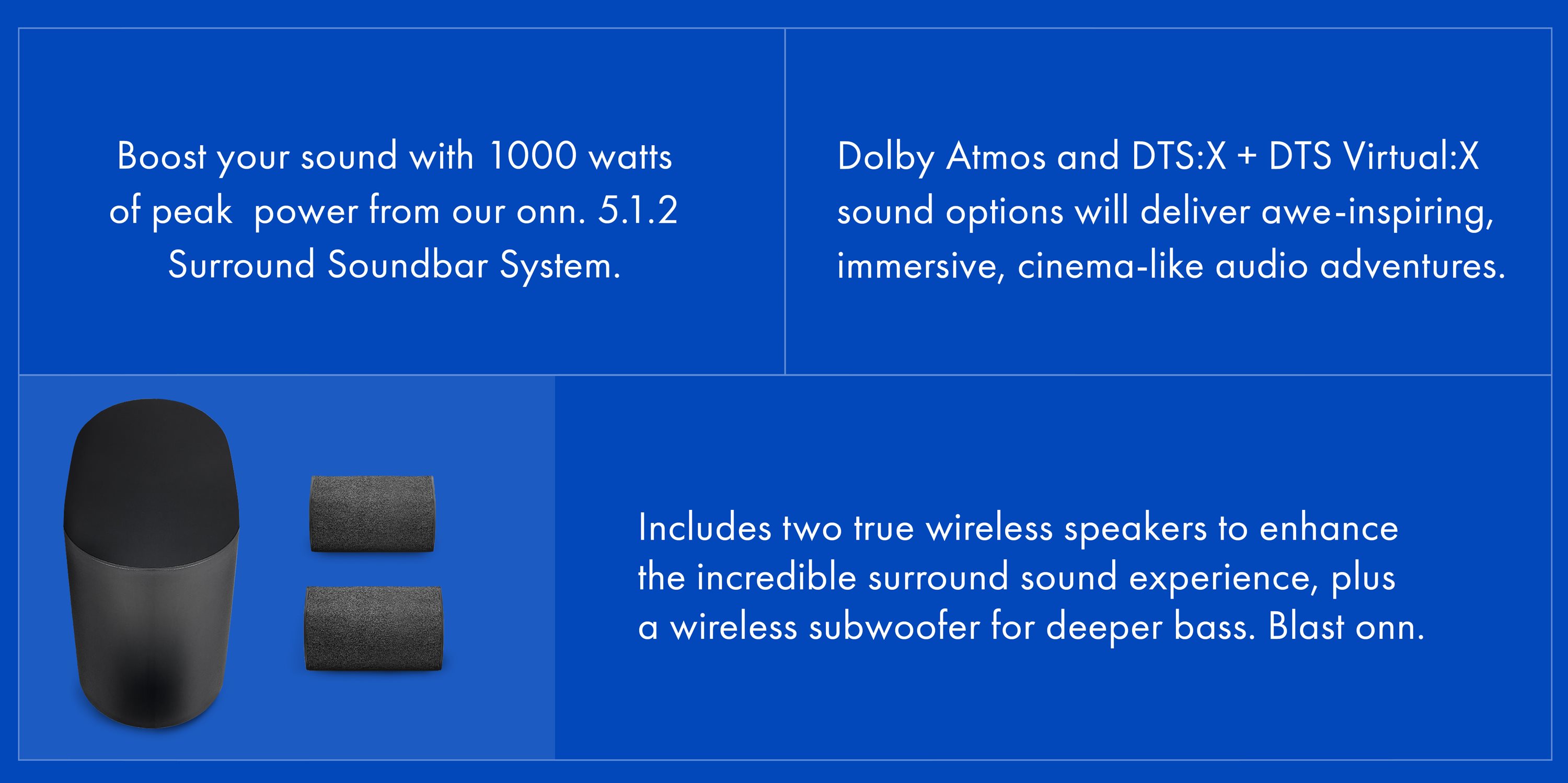 onn. 5.1.2 Surround Soundbar with Dolby Atmos,Wireless Subwoofer and True  Wireless Satellite Speakers, 42