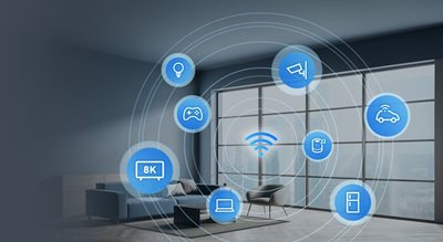 Smart home device icons circling a WiFi symbol.