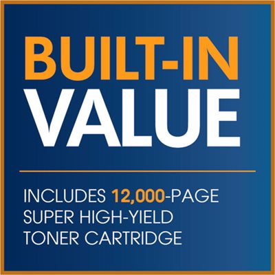 Graphic reading "Built-in value: includes 12,000 page super high-yield toner cartridge" *Approximate toner cartridge yield in accordance with ISO/IEC 19752 (letter/A4)