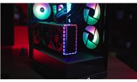 slide 2 of 2, zoom in, ibuypower y40 black pc video showcase 2024 with rgb fans and powered on.