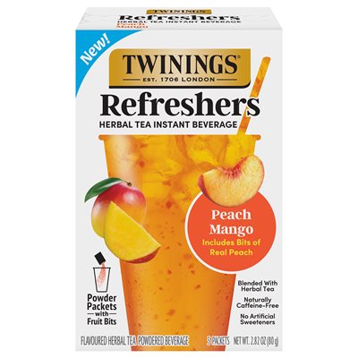 Twinings Peach Mango Refreshers, Fruity Herbal Tea Instant Tea Mix Pouch, Caffeine-Free, Café Style 30/Carton (TNA56047)