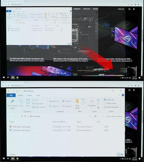 Vergleichsbilder, die zeigen, dass ein weißes Fenster im ersten Bild vergrößert wird, während das zweite Bild keine Veränderung der Display-Helligkeit zeigt
