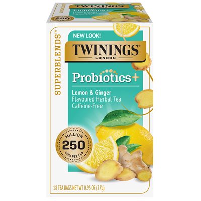 Twinings Probiotic Lemon & Ginger Herbal Tea Individually Wrapped Bags, Digestion Support,  Caffeine-Free,18/Box (TNA95223)