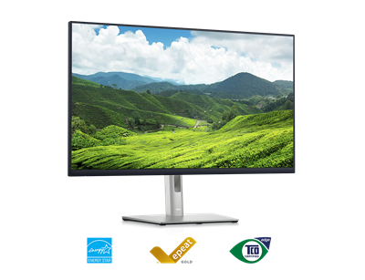 Bild eines Dell Monitors P3223DE mit einer Landschaft auf dem Bildschirm