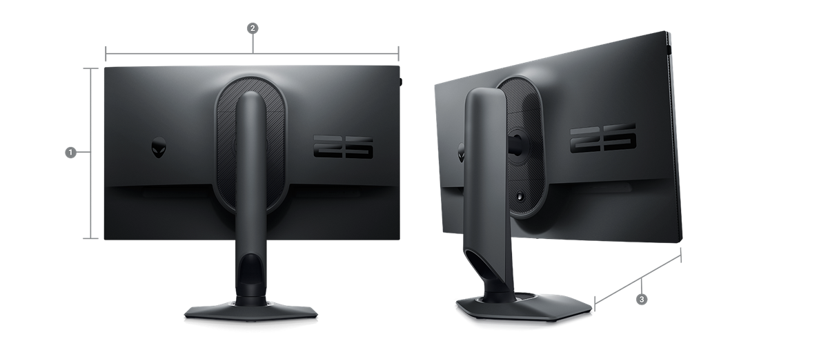 Bild zweier Dell AW2523HF-Gamingmonitore mit Zahlen von 1 bis 3 zur Kennzeichnung der Produktabmessungen und des Gewichts.