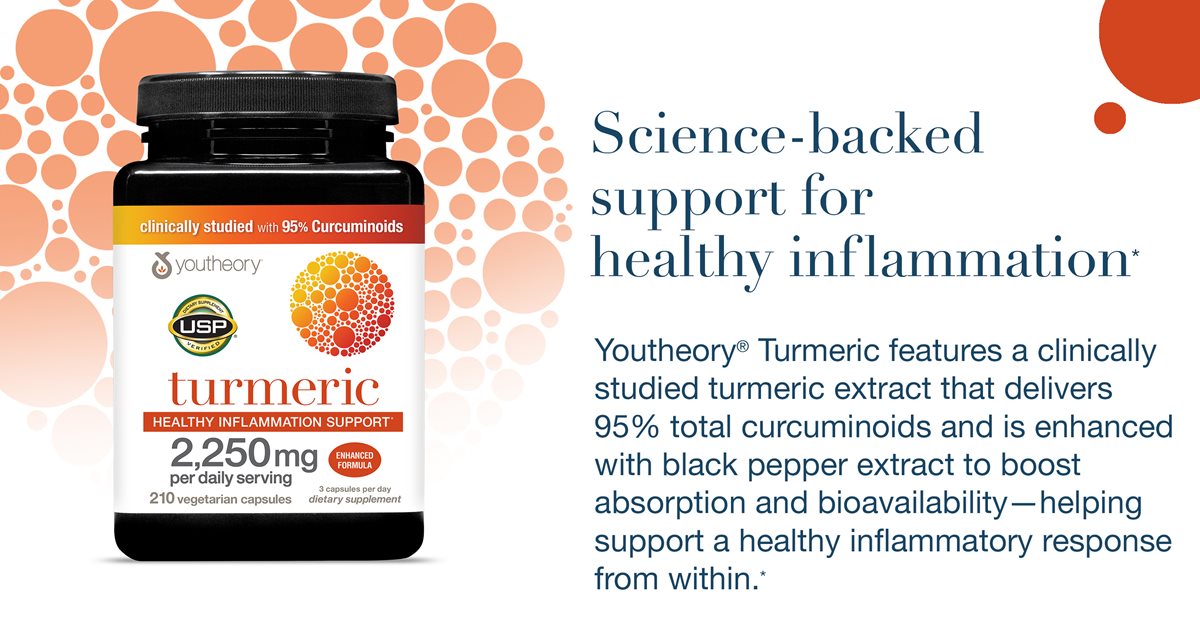 Science-backed support for healthy inflammation* Youtheory® Turmeric features a clinically studied turmeric extract that delivers 95% total curcuminoids and is enhanced with black pepper extract to boost absorption and bioavailability—helping support a healthy inflammatory response from within.*