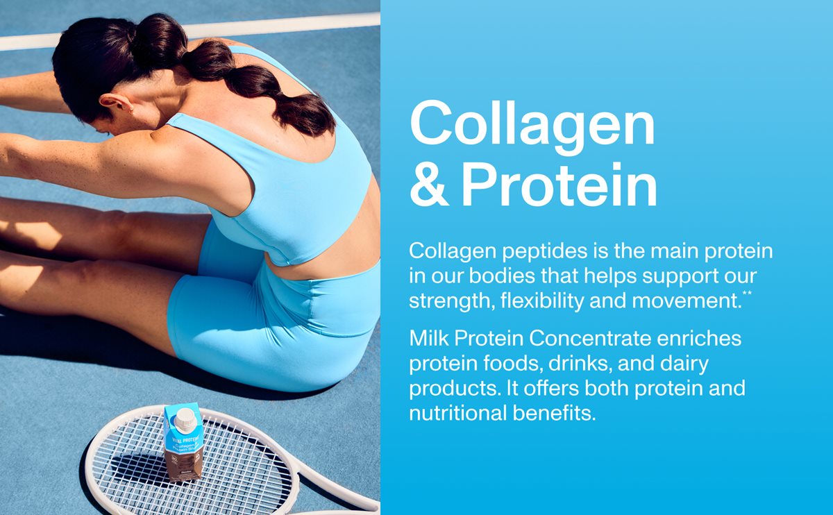 Women stretching with Vital Protein shake next to her