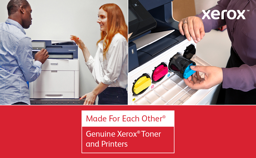 Coworkers discussing by a printer and installation of toner into a printer. Made for Each Other. Genuine Xerox Toners and Printers.