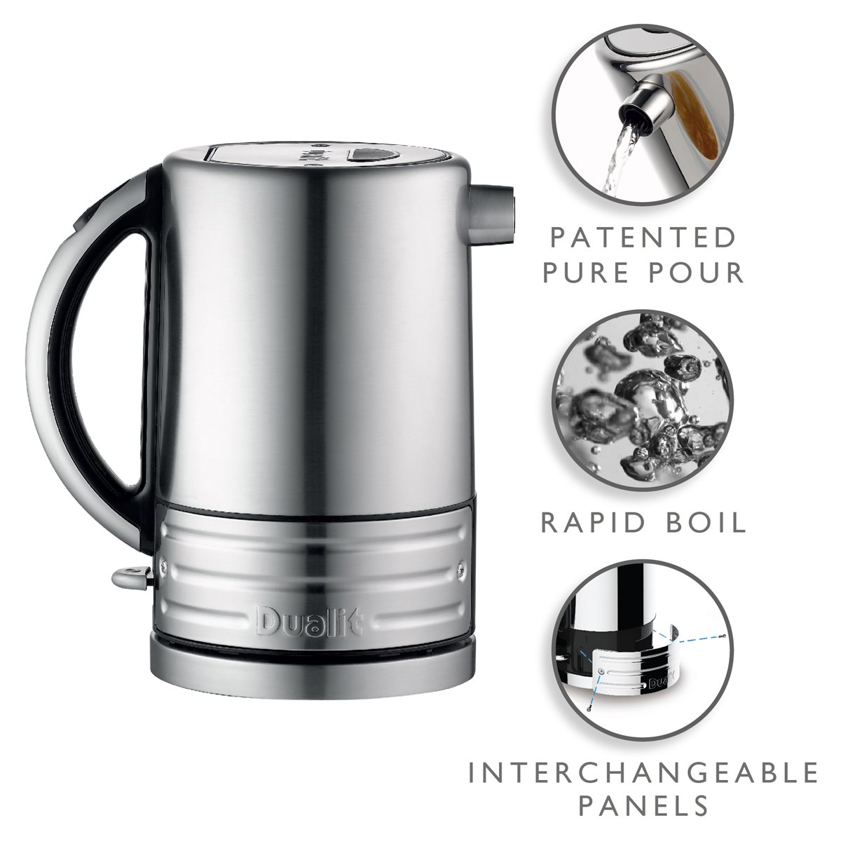 Patented pure pour spout, rapid boil and interchangeable panels.