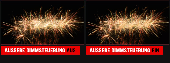 Bild eines Feuerwerks gegen einen dunklen Himmel. / Bild eines Feuerwerks vor einem dunklen Himmel, wobei die Mitte des Feuerwerks abgedunkelt ist.