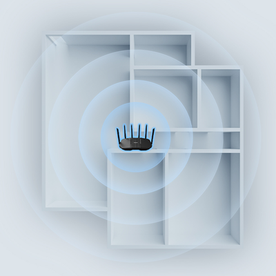 Graphic depicting a router communicating through walls in a building