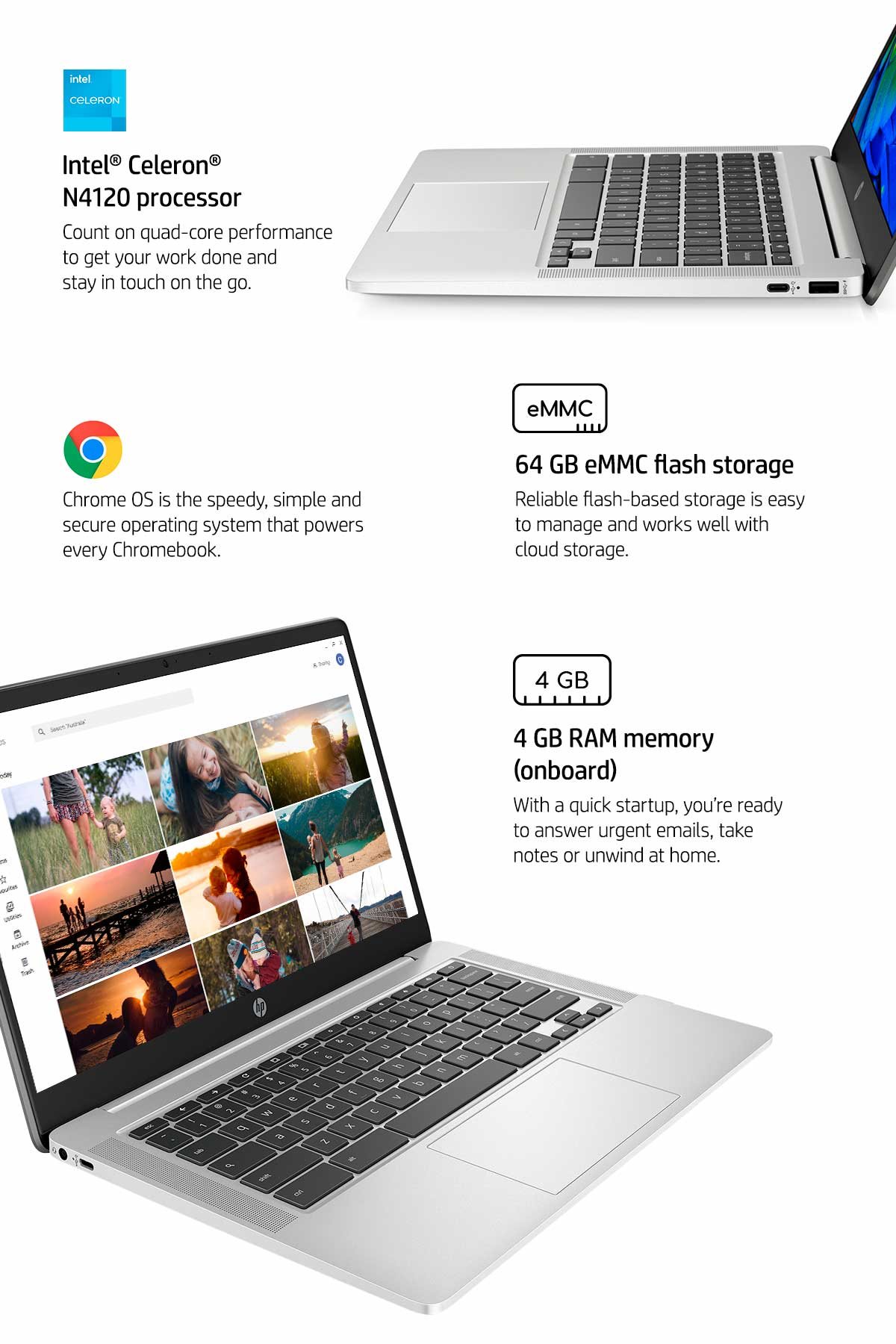 Silver HP Chromebook Laptop shows a Google Photos album.