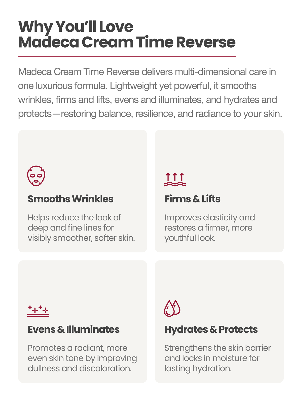 Centellian24 Madeca Cream Time Reverse benefit highlights with icons showing wrinkle smoothing, firming, brightening, and hydration