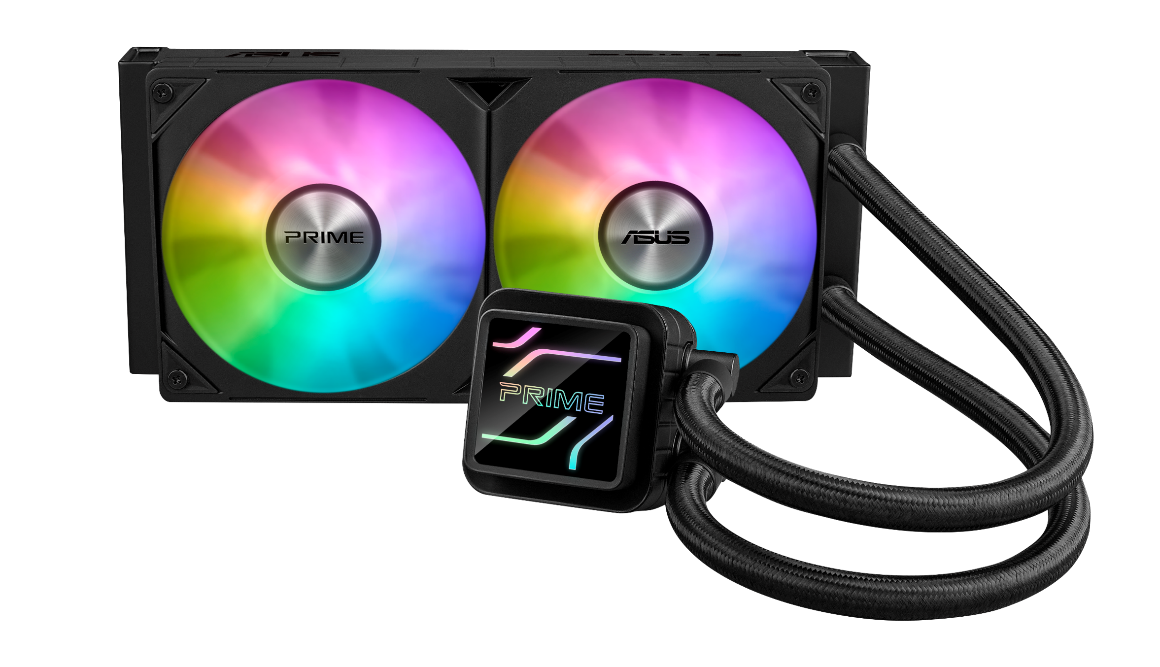 Prime LC 240 ARGB All-in-One-Flüssig-CPU-Kühler mit speziell entwickelter CPU-Kontaktfläche und gerippten Kanälen, Wasserblock mit Infinity-Spiegellinsen, vorinstallierten ARGB-Lüftern und Aura-Beleuchtung.