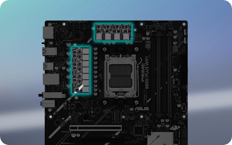 Schräge Draufsicht auf das PRIME B850-PLUS WIFI Motherboard.