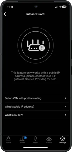 Smartphone screen displays the Instant Guard app with a router warning icon and a message about requiring a public IP address.