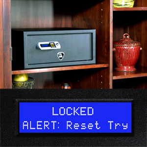 Verifi Smart Safe S6000 sitting on a shelf with sample LCD alert at bottom of image