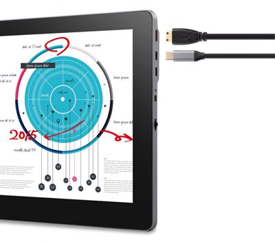 a mini hdmi and usb-c cable shown being connected to the display