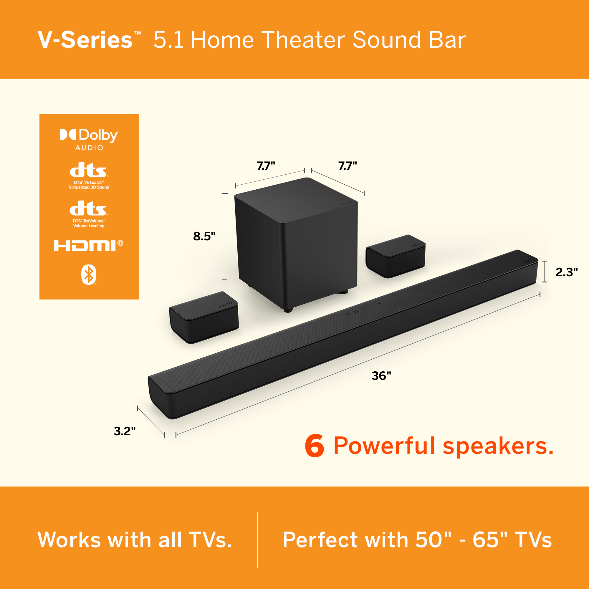 VIZIO V-Series 5.1 Home Theater Sound Bar with Dolby Audio, Bluetooth,  Wireless Subwoofer, Voice Assistant Compatible, Includes Remote Control 