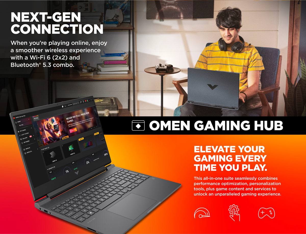 Young man wearing headphones looks and types on his Victus by HP computer