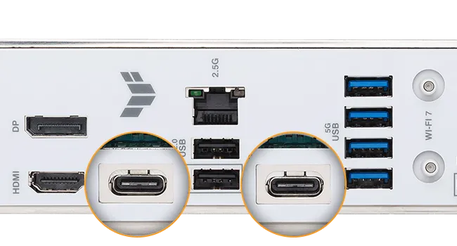 Rückseitiges I/O-Panel des TUF GAMING B850-PRO WIFI7 W NEO Mainboards mit vergrößerten Einsätzen, die unter anderem zwei USB 10Gbps Type-C Ports hervorheben und die Unterstützung für Hochgeschwindigkeitsverbindungen zeigen.