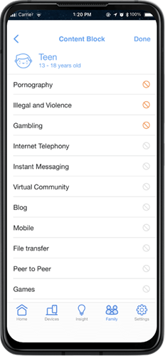 Smart phone showing ASUS router app user interface for content block selections, including pornography, illegal and violence, gambling, internet telephony, instant messaging and more.