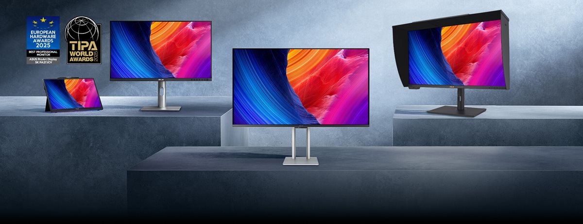 Three ProArt monitors on podiums
