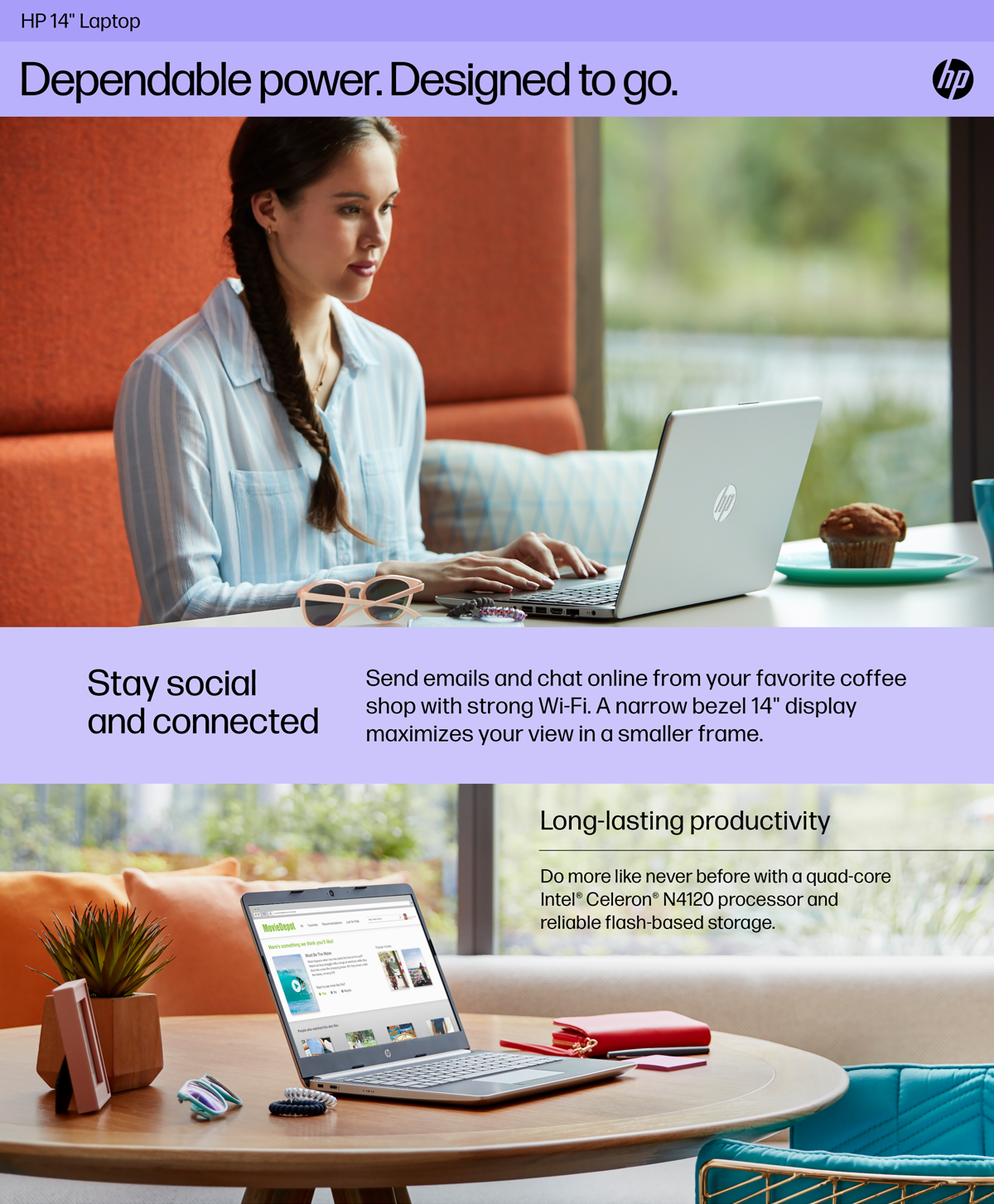 Young woman computes on silver HP 14-inch laptop. HP 14 notebook PC sits on kitchen table.