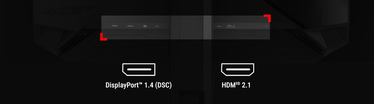 The rear panel of the PG32UCDP features DisplayPort 1.4, HDMI 2.1