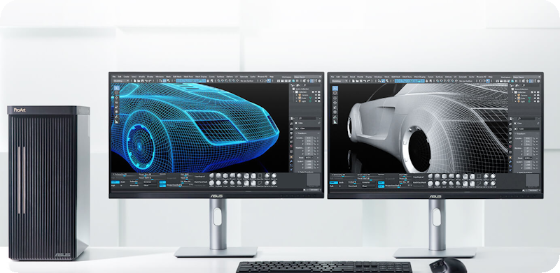 A desktop setup with two monitors showing different 3D designs, connected to the device with various port options.