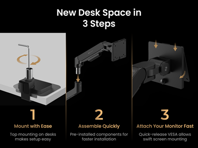 Nem topmontering. Forudmonterede dele gør opsætningen hurtigere. Hurtigudløser til VESA.