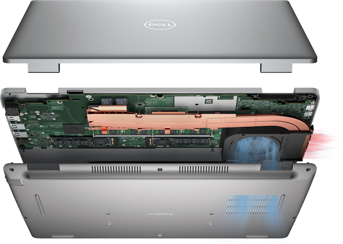 Abbildung einer demontierten Dell Precision 15 3571 Mobile Workstation, die das Innere des Produkts zeigt.