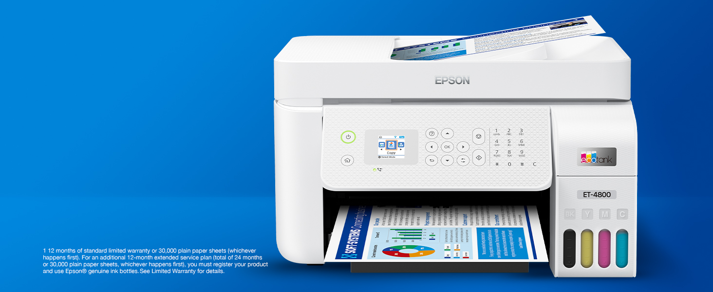 Epson EcoTank ET-4800 Imprimante multifonction 4 en 1 (photocopieur, scanner,  imprimante, fax, DIN A4, ADF, WiFi, Ethernet, écran, USB 2.0), grand  réservoir d'encre, grande portée, faible coût de page : :  Informatique