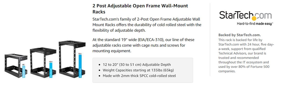 Startech .com 18U 19 Wall Mount Network RackAdjustable Depth 12-20 Open  Frame for Server Room /AV/Data/Computer Equipment w/Cage RACK-18U-20-WALL-OA  - Corporate Armor