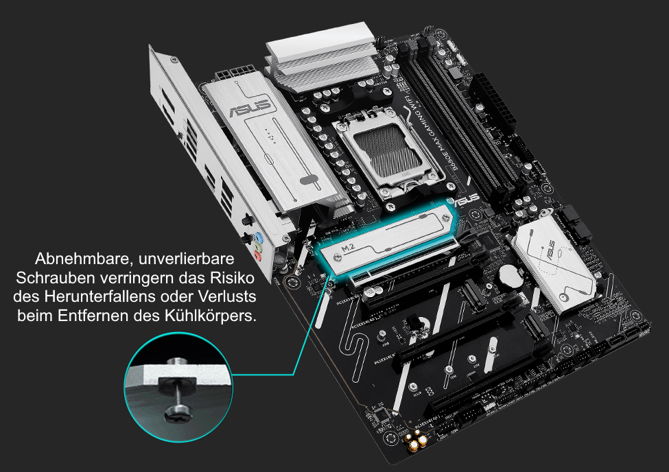 Das B650E MAX GAMING WIFI Mainboard bietet M.2-Kühlkörper.