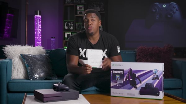 thumbnail video image 2 of Microsoft Xbox One S 1TB Fortnite Limited Edition Bundle, Purple, 23C-00080, 2 of 12